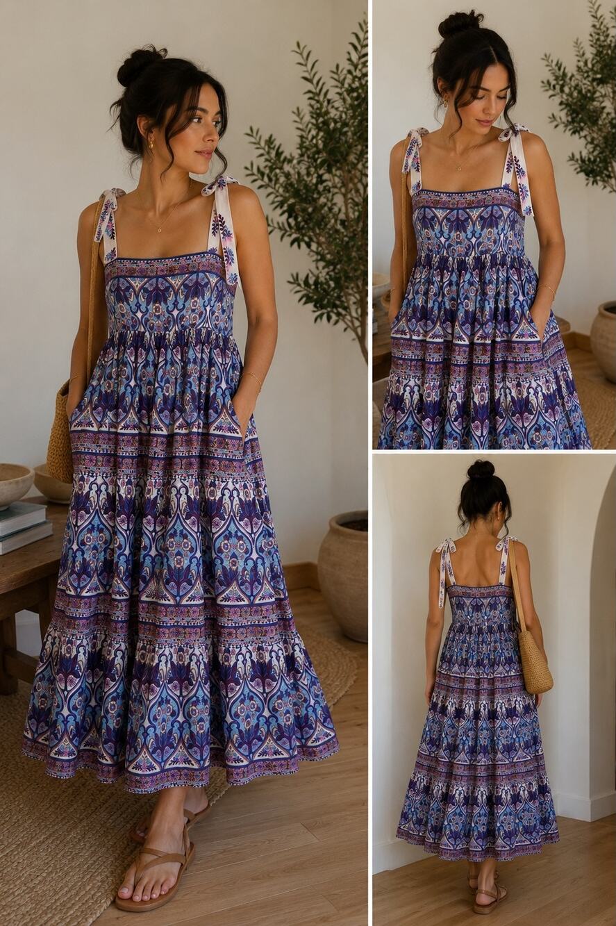 Caroline Constas Blue Purple Floral Maxi Dress M 100% Cotton Lined Boho Resort